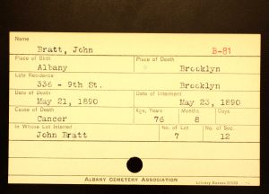 Bratt, John - Menands Cemetery Burial Card Bratt, John - Menands Cemetery Burial Card