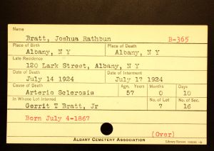 Bratt, Joshua Rathbun - Menands Cemetery Burial Card Bratt, Joshua Rathbun - Menands Cemetery Burial Card