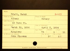 Bratt, Sarah - Menands Cemetery Burial Card Bratt, Sarah - Menands Cemetery Burial Card
