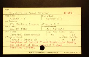 Bratt, Miss Sarah Rathbun - Menands Cemetery Burial Card Bratt, Miss Sarah Rathbun - Menands Cemetery Burial Card