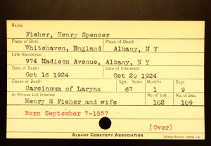 Fisher, Henry Spencer - Menands Cemetery Burial Card Fisher, Henry Spencer - Menands Cemetery Burial Card