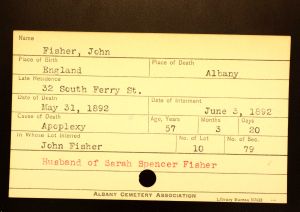 Fisher, John - Menands Cemetery Burial Card Fisher, John - Menands Cemetery Burial Card